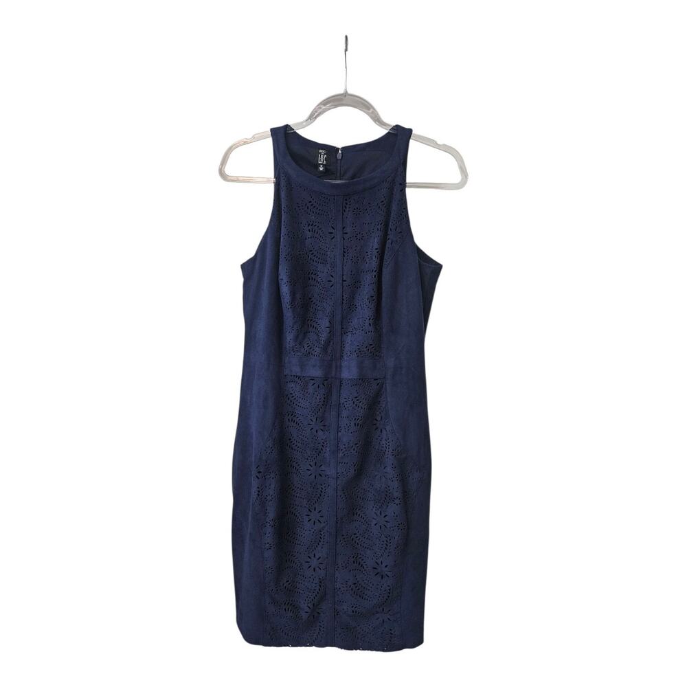VAKKO x I.N.C International Concepts Navy Blue Laser Cut Faux Suede Dress MEDIUM